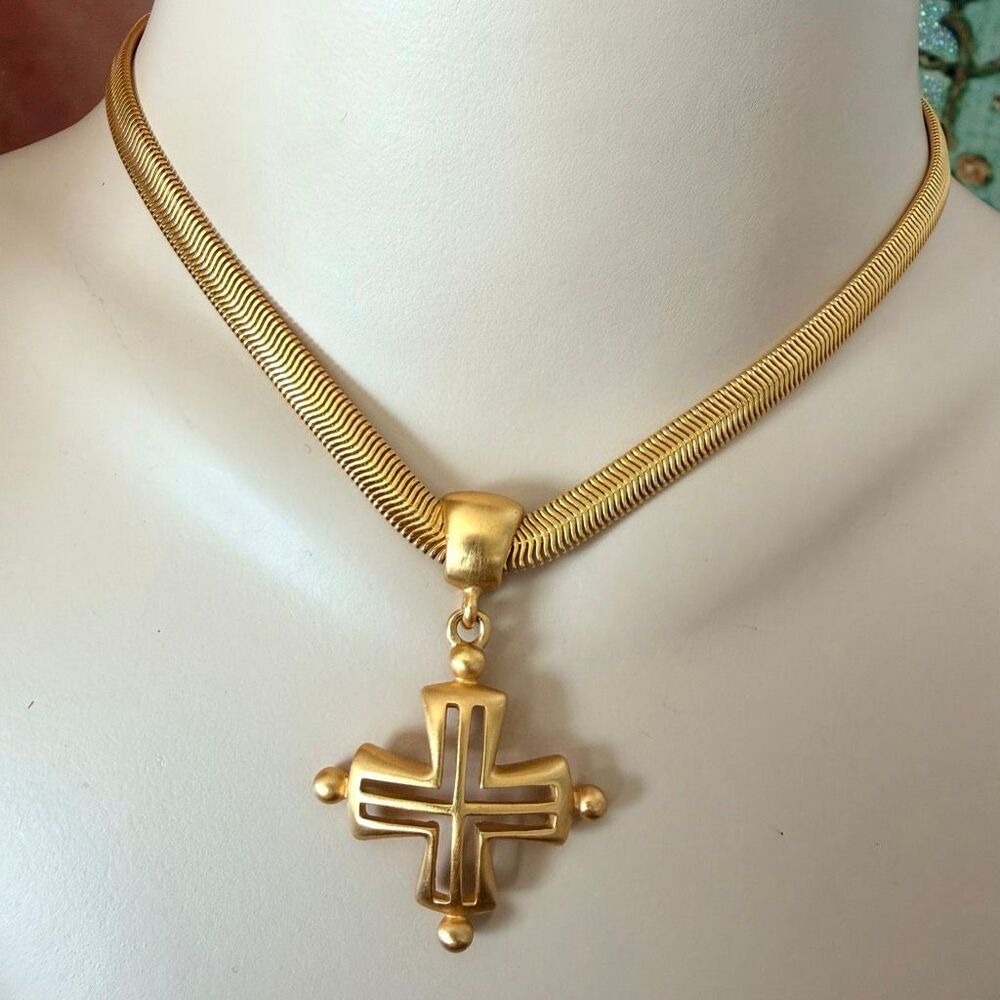 Vintage Anne Klein Gold Tone Cross Statement Necklace